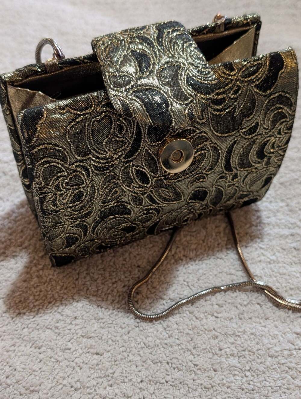 Carolyne Barton Black Gold Metallic Brocade Floral Box Clutch Crossbody Bag